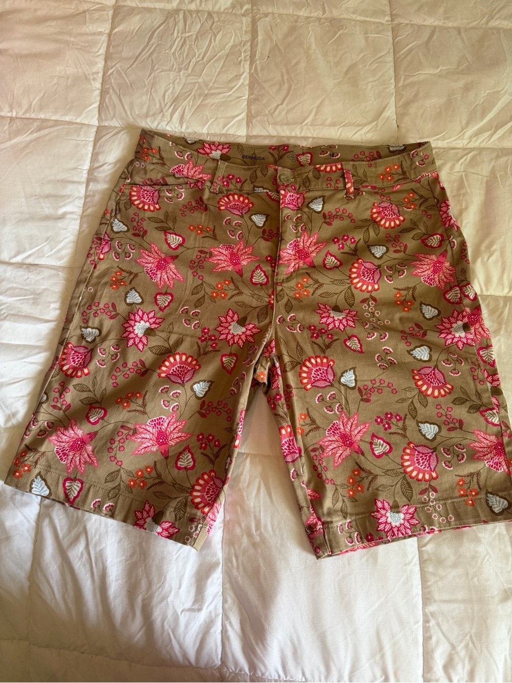 St. John's Bay Khaki Floral  Bermuda Shorts - Pink Accents